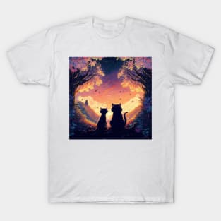 Adorable Two Cats Looking At Sunset Visions T-Shirt